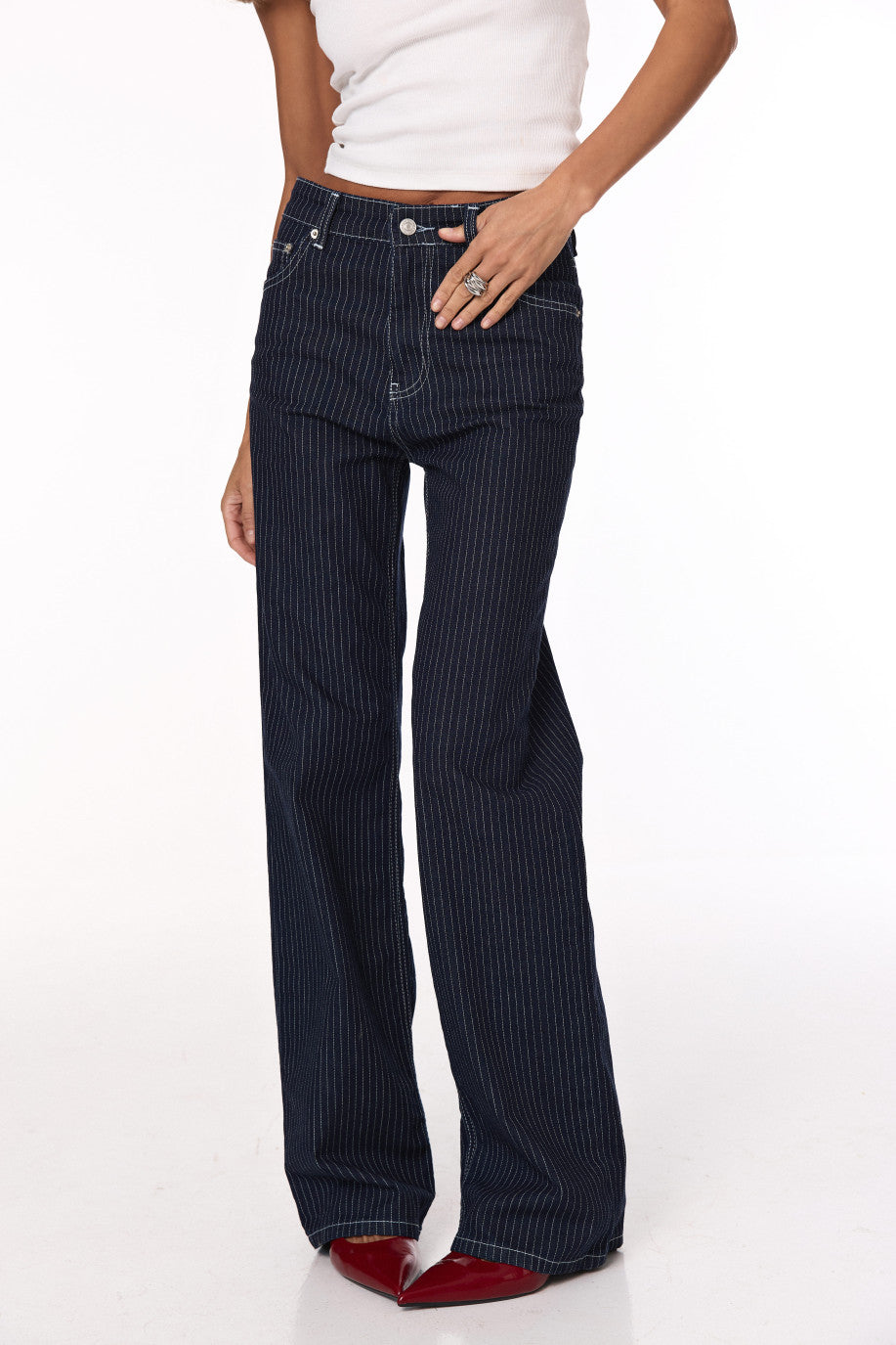 DARK BLUE STRIPED WIDE-LEG JEANS