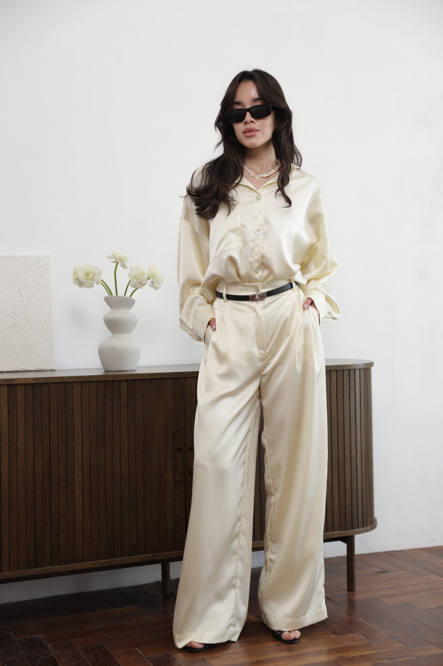 Ivory Satin Wide-Leg Pants – Relaxed High-Waisted Trousers