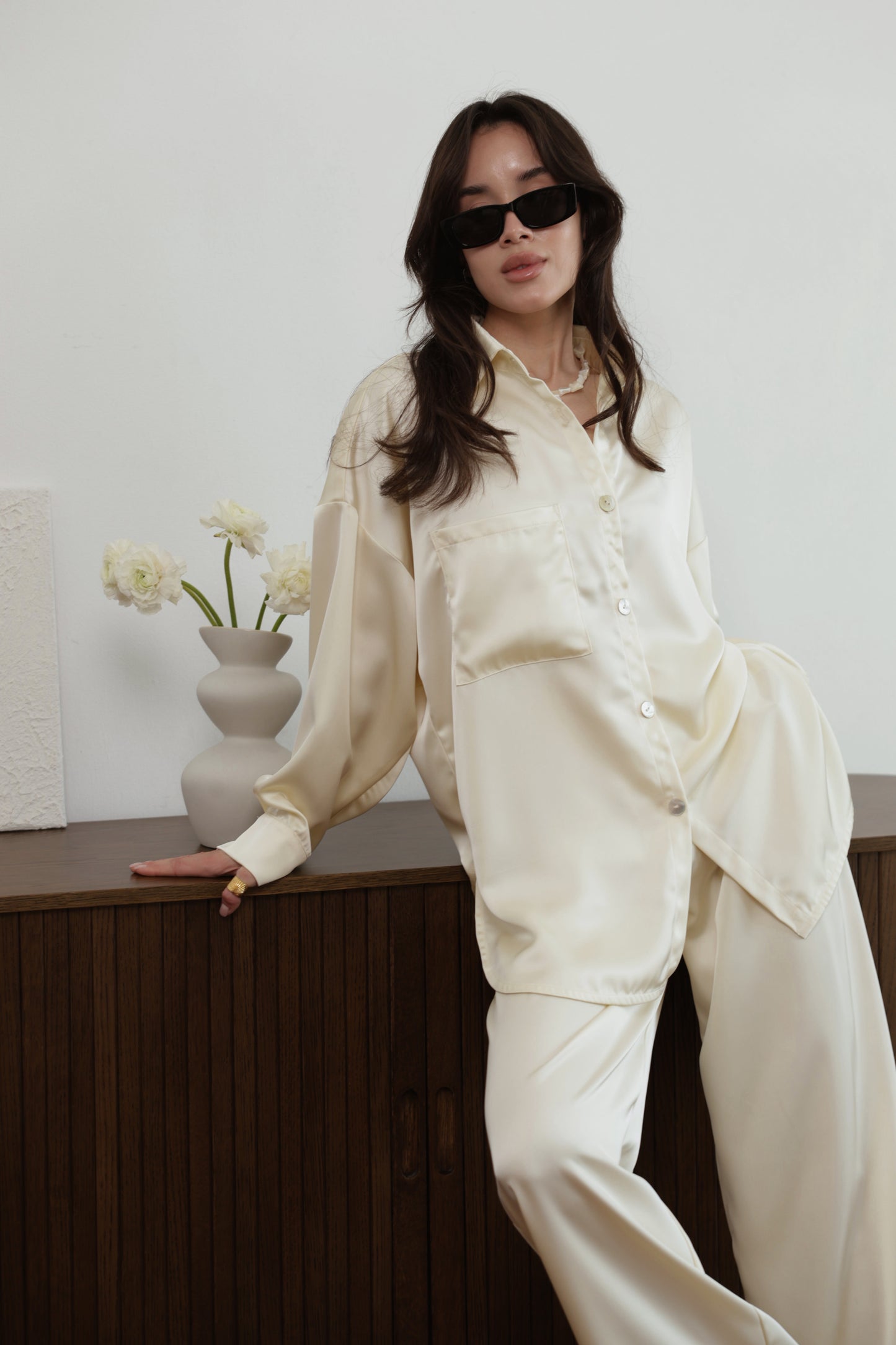 Ivory Satin Two-Piece Set – Oversized Shirt & Wide-Leg Pants