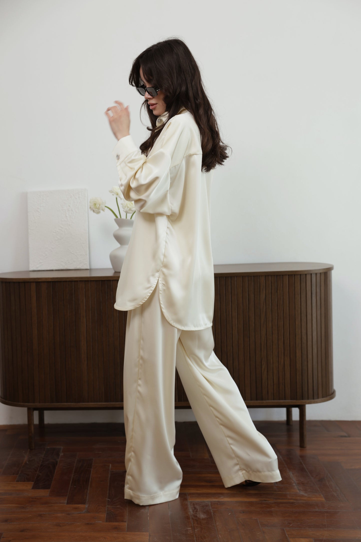 Ivory Satin Two-Piece Set – Oversized Shirt & Wide-Leg Pants
