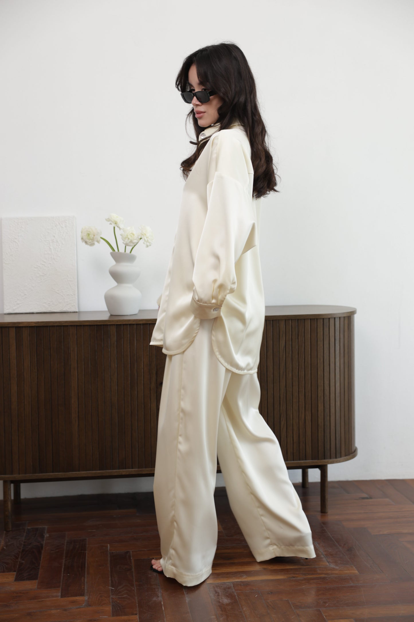 Ivory Satin Wide-Leg Pants – Relaxed High-Waisted Trousers