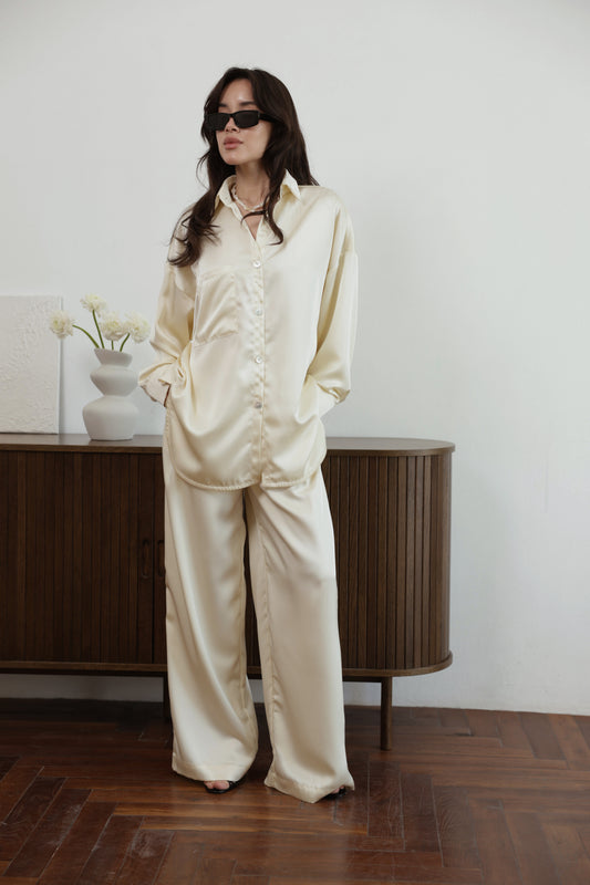 Ivory Satin Two-Piece Set – Oversized Shirt & Wide-Leg Pants