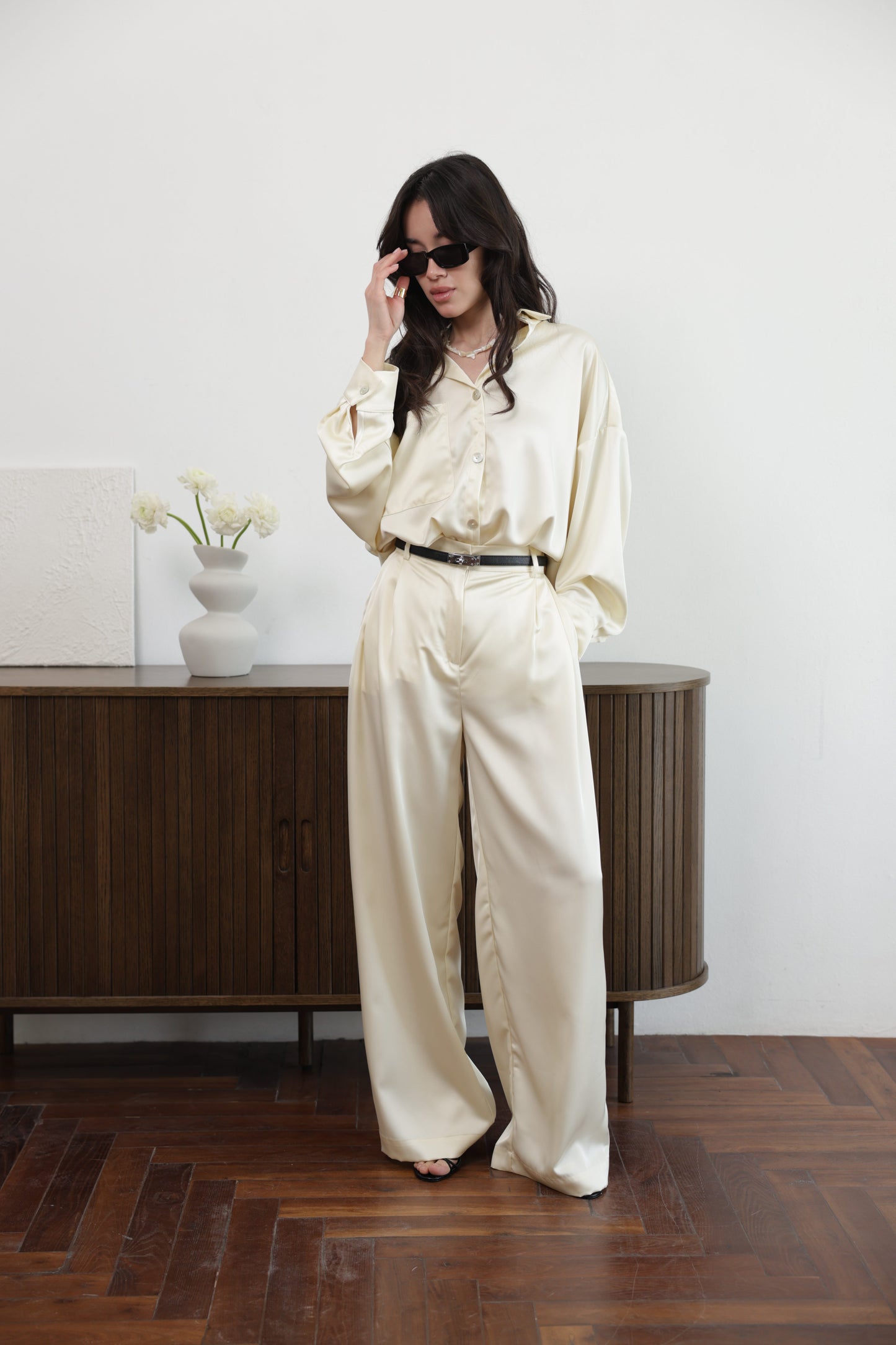 Ivory Satin Oversized Shirt – Relaxed Button-Up Blouse