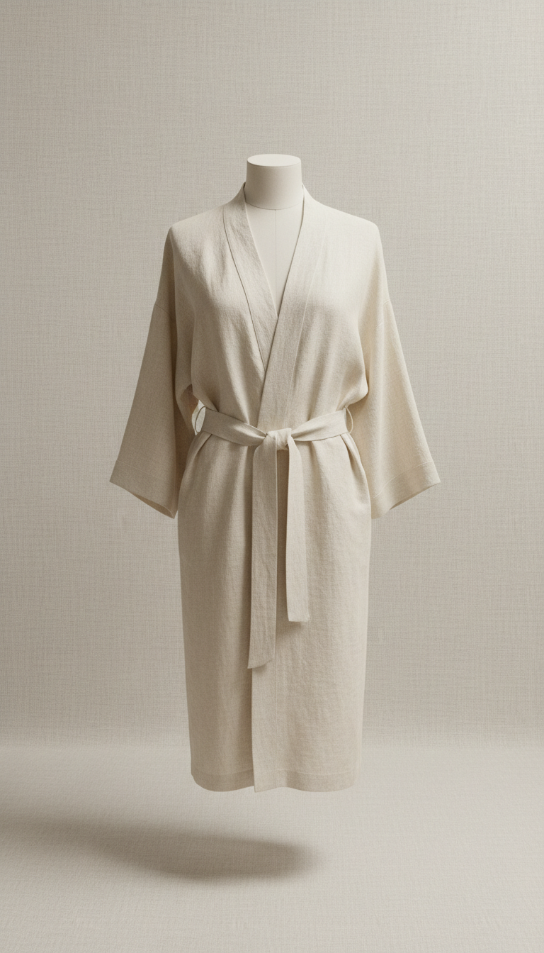 Ivory Linen Kimono Robe with Hand-Finished Sash