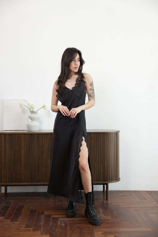 Lace Slip Dress - Black Midi Dress with Lace Trim