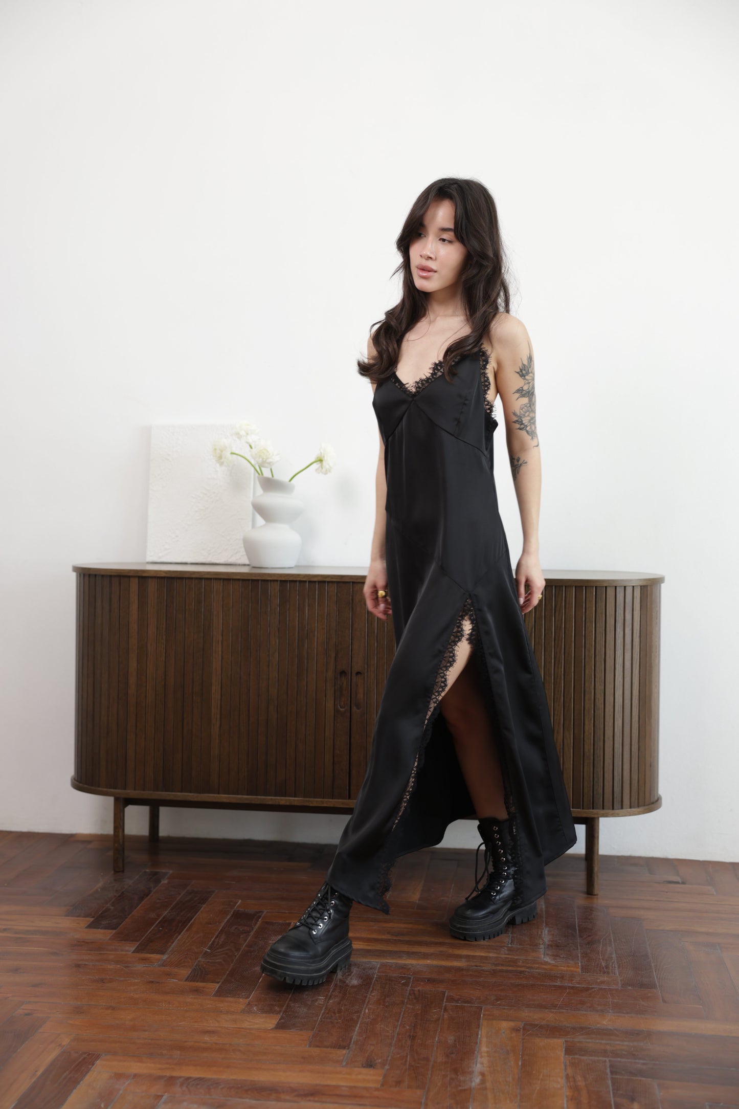 Lace Slip Dress - Black Midi Dress with Lace Trim