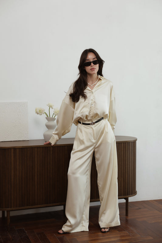 Ivory Satin Wide-Leg Pants – Relaxed High-Waisted Trousers