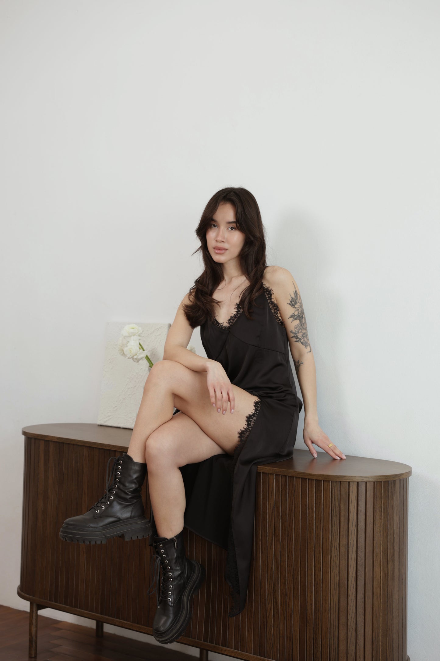 Lace Slip Dress - Black Midi Dress with Lace Trim