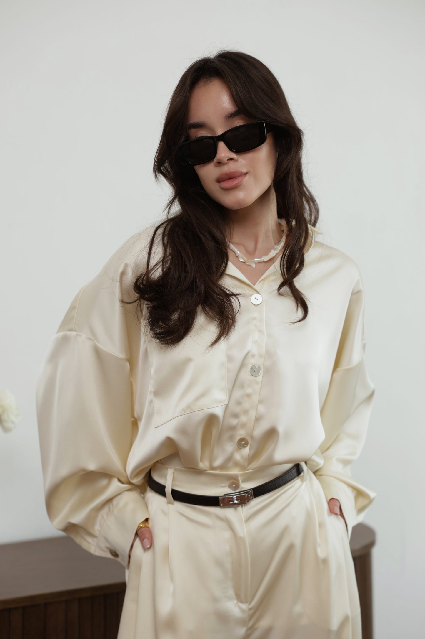 Ivory Satin Oversized Shirt – Relaxed Button-Up Blouse
