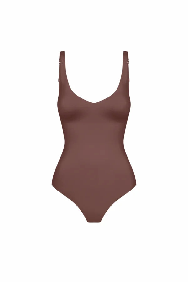 SLEEVELESS V-NECK BODYSUIT — MOCHA