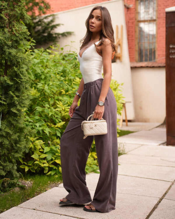 LOOSE-FIT TAUPE-BROWN ELASTIC-WAIST PANTS