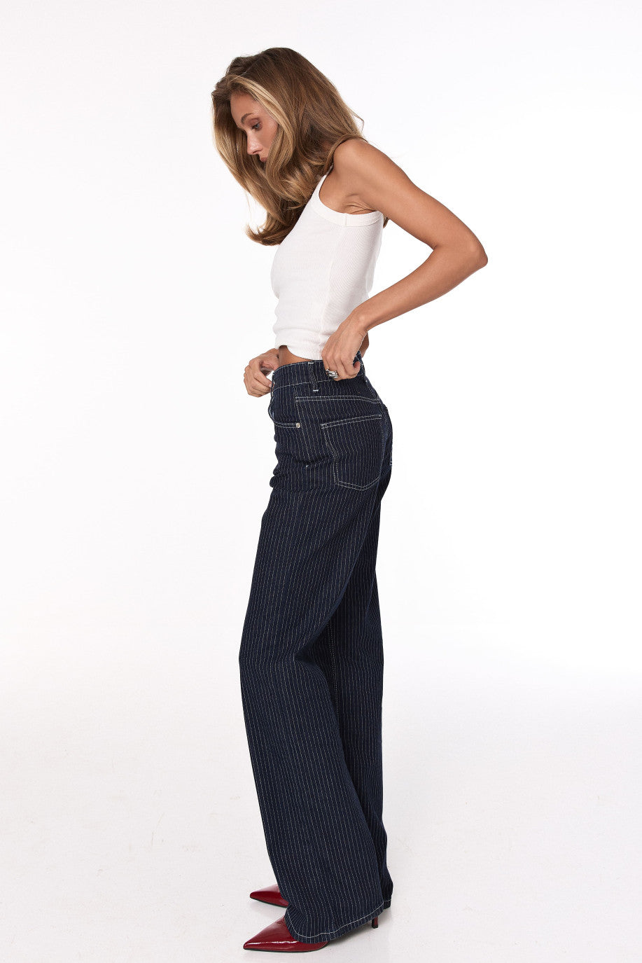 DARK BLUE STRIPED WIDE-LEG JEANS