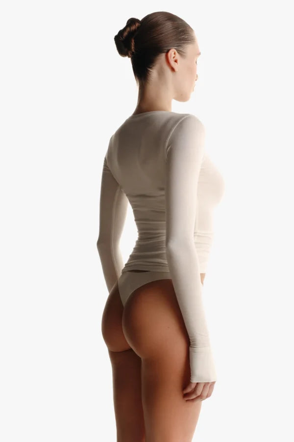 ULTRA-LIGHT CASHMERE & MICROMODAL CREW NECK LONG SLEEVE TOP — MILKY BUTTER