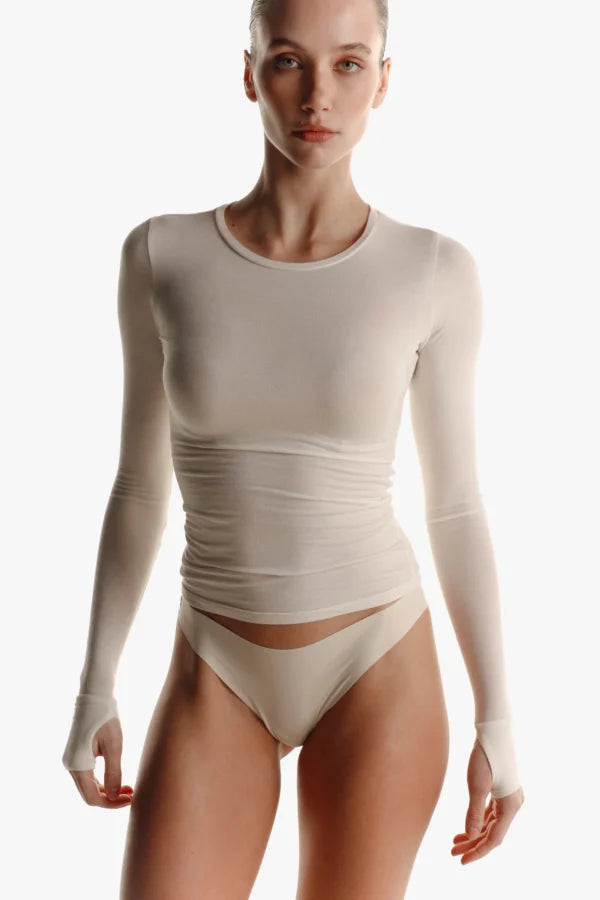 ULTRA-LIGHT CASHMERE & MICROMODAL CREW NECK LONG SLEEVE TOP — MILKY BUTTER