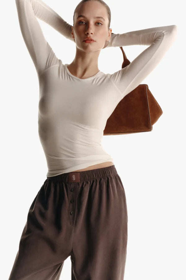 ULTRA-LIGHT CASHMERE & MICROMODAL CREW NECK LONG SLEEVE TOP — MILKY BUTTER