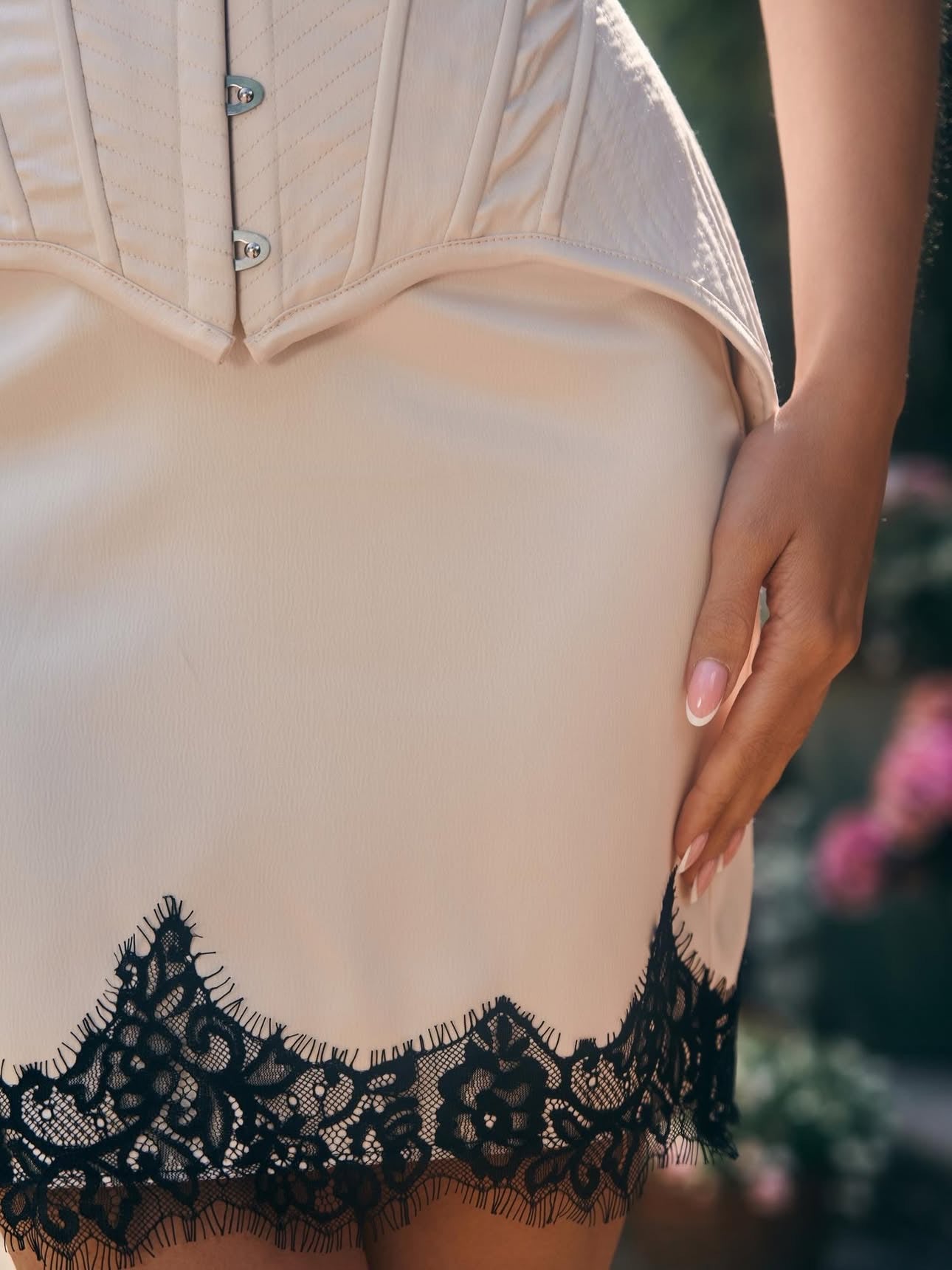 The Evelyn Beige Satin Mini Skirt with Black Lace Hem
