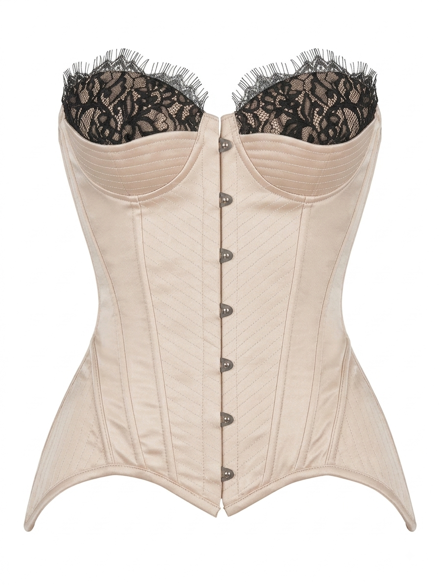 The Evelyn Beige Satin Corset Top with Black Lace Trim