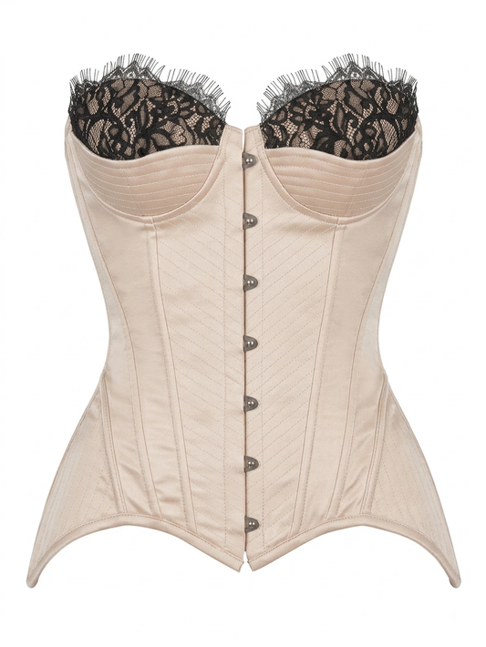 The Evelyn Beige Satin Corset Top with Black Lace Trim