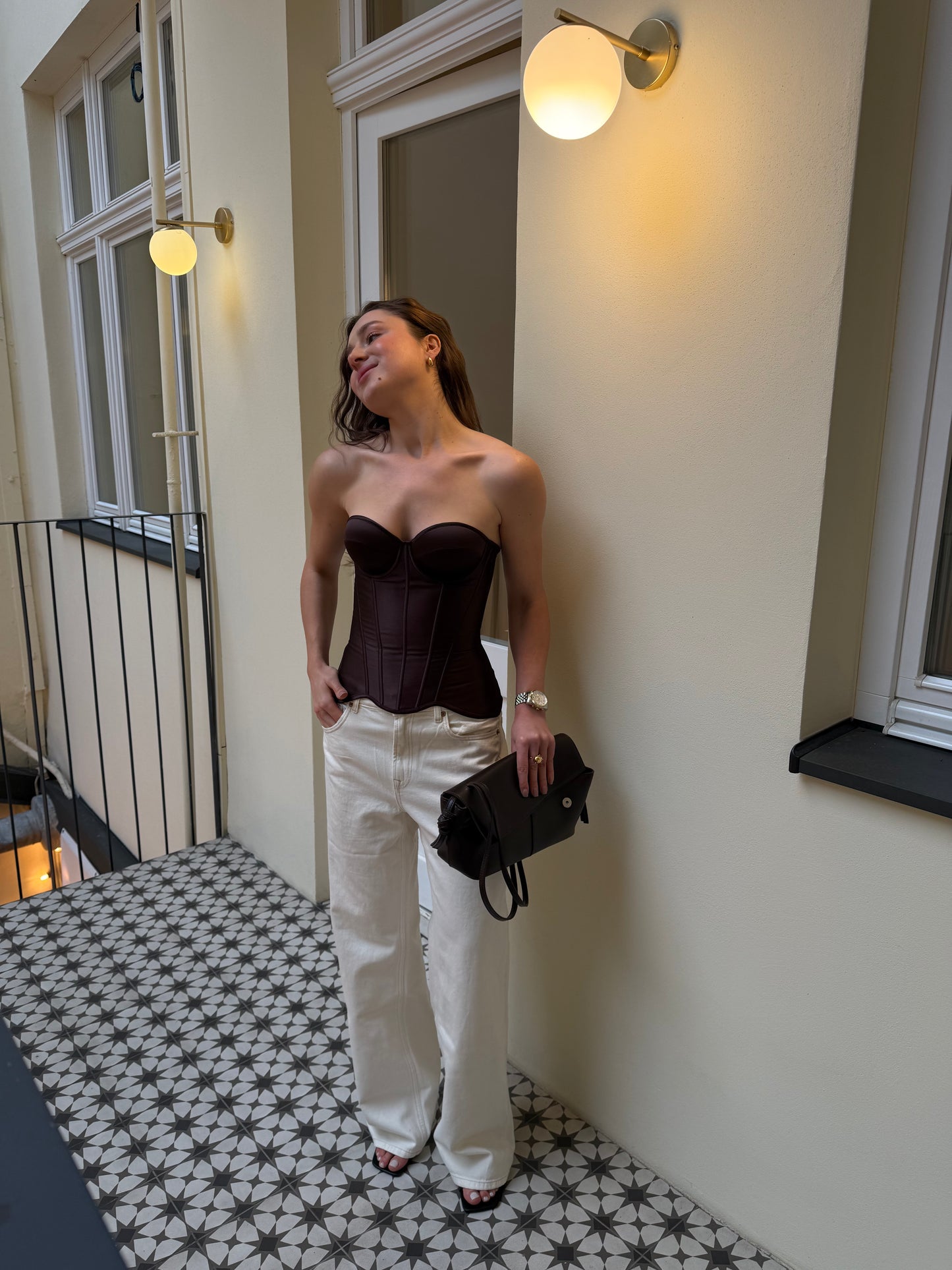 Chocolate brown satin corset top front view